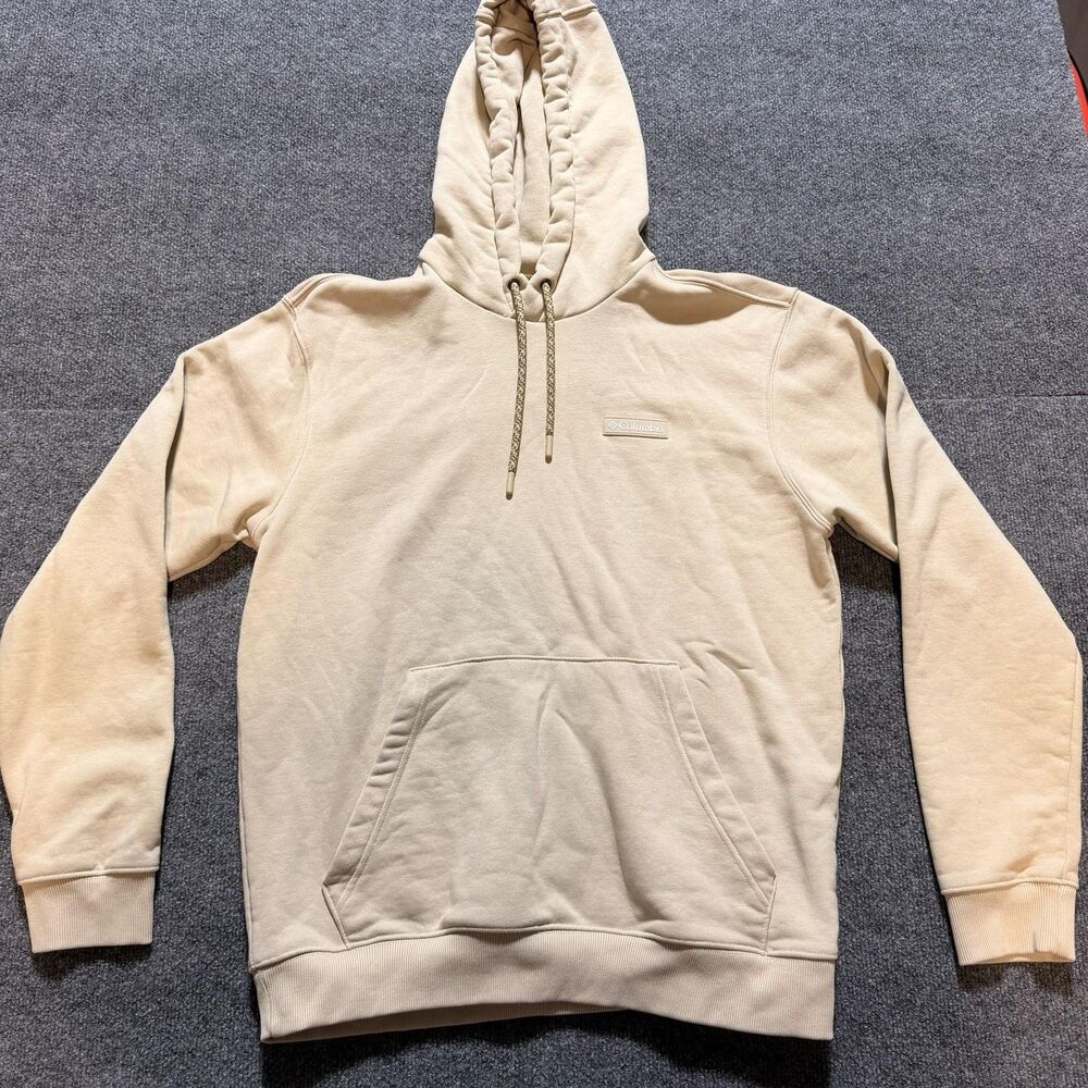 Columbia Hoodie Mens Medium Beige Logo Pullover Sweatshirt Fleece Casual Outdoor